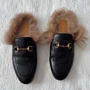Gucci Black Leather Loafers with Gold Hardware and Brown Fur